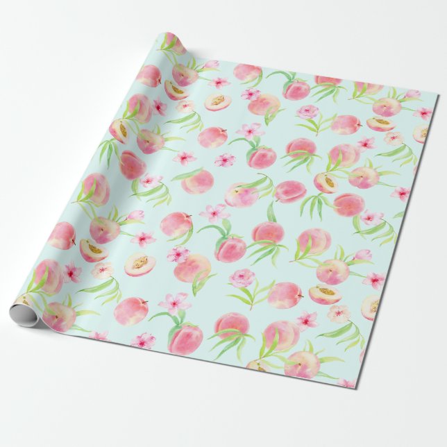 Watercolor peach and flower wrapping paper (Unrolled)