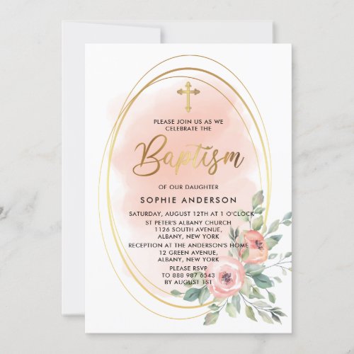 Watercolor Peach and Gold Girl Baptism Invitation