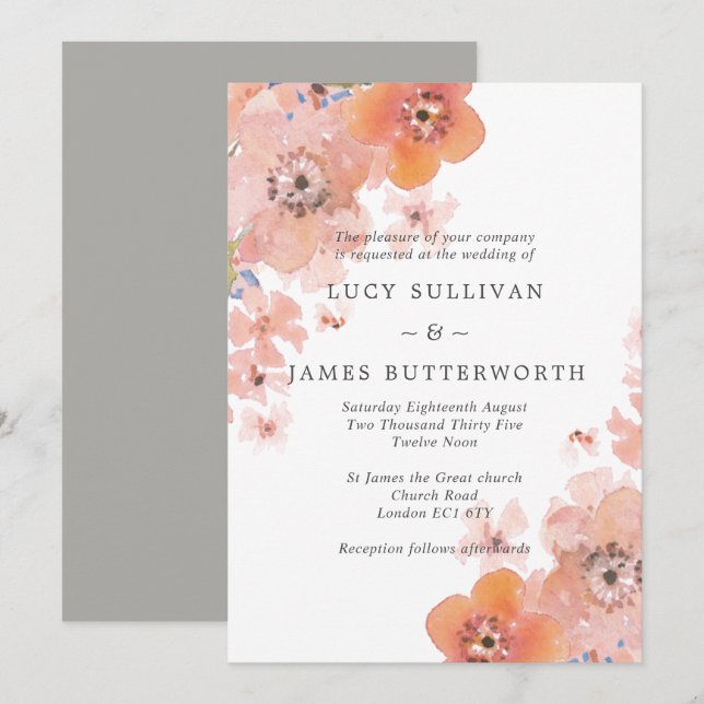 Watercolor Peach and Gray Floral Wedding Invitation (Front/Back)