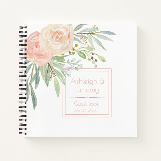 Watercolor Peach and Green Floral Guest Book |