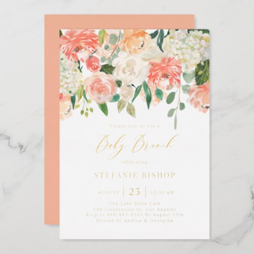 Watercolor Peach and Ivory Flowers Baby Brunch Foil Invitation - Invite guests to your event with this customizable gold foil baby shower brunch invitation. It features watercolor floral garland of peach, orange and ivory roses, hydrangeas and peonies with eucalyptus leaves accents. Personalize this watercolor baby brunch invitation by adding your own details. This peaches and cream floral invitation is perfect for spring baby showers and gender neutral baby showers. 