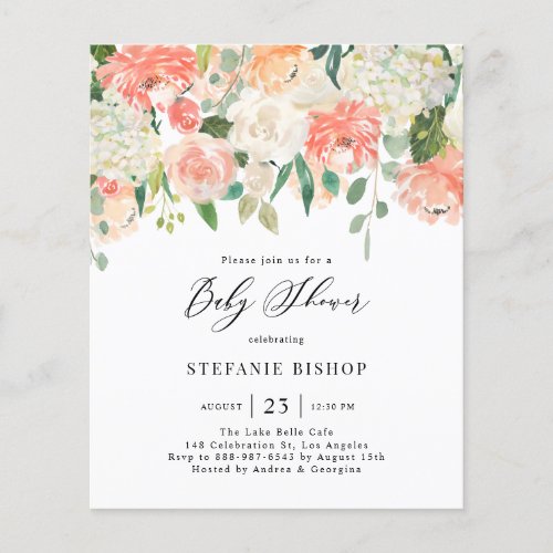Watercolor Peach and Ivory Flowers Baby Shower - Invite guests to your event with this customizable floral baby shower invitation. It features watercolor floral garland of peach, orange and ivory roses, hydrangeas and peonies with eucalyptus leaves accents. Personalize this watercolor baby shower invitation by adding your own details. This peaches and cream floral invitation is perfect for spring baby showers and gender neutral baby showers. 