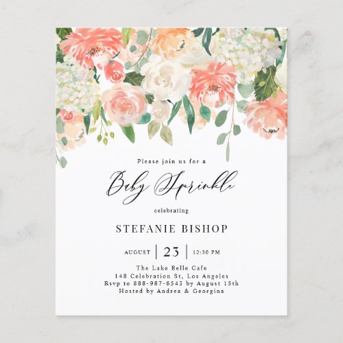Watercolor Peach and Ivory Flowers Baby Sprinkle - Invite guests to your event with this customizable floral baby sprinkle invitation. It features watercolor floral garland of peach, orange and ivory roses, hydrangeas and peonies with eucalyptus leaves accents. Personalize this watercolor baby sprinkle invitation by adding your own details. This peaches and cream floral invitation is perfect for spring baby showers and gender neutral baby showers. 