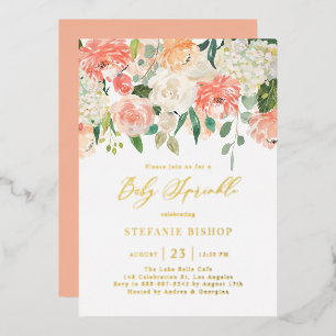 Watercolor Peach and Ivory Flowers Baby Sprinkle Foil Invitation