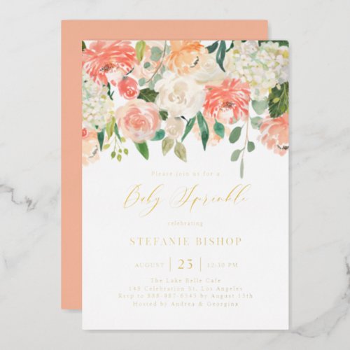 Watercolor Peach and Ivory Flowers Baby Sprinkle Foil Invitation - Invite guests to your event with this customizable gold foil baby sprinkle invitation. It features watercolor floral garland of peach, orange and ivory roses, hydrangeas and peonies with eucalyptus leaves accents. Personalize this watercolor baby sprinkle invitation by adding your own details. This peaches and cream floral invitation is perfect for spring baby showers and gender neutral baby showers. 
