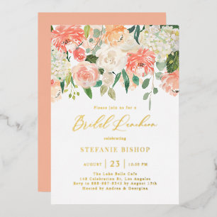 Watercolor Peach and Ivory Flowers Bridal Luncheon Foil Invitation