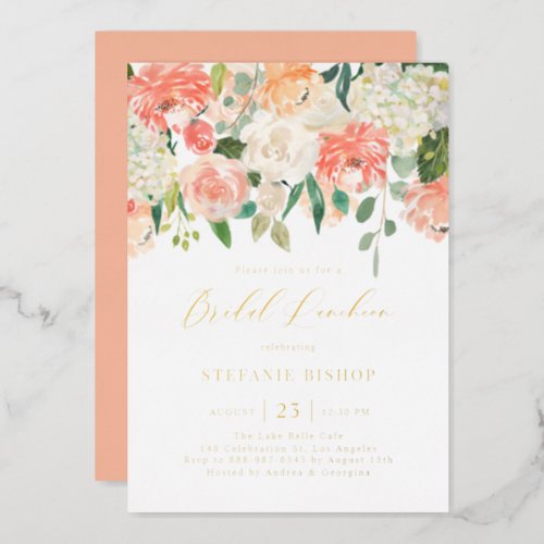 Watercolor Peach and Ivory Flowers Bridal Luncheon Foil Invitation - Invite guests to your event with this customizable gold foil bridal luncheon invitation. It features watercolor floral garland of peach, orange and ivory roses, hydrangeas and peonies with eucalyptus leaves accents. Personalize this watercolor bridal luncheon invitation by adding your own details. This peaches and cream floral invitation is perfect for spring bridal showers. 