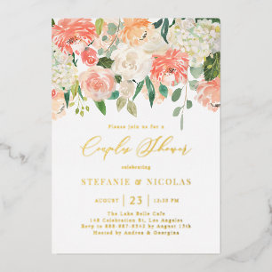 Watercolor Peach and Ivory Flowers Couples Shower Foil Invitation