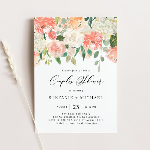 Watercolor Peach and Ivory Flowers Couples Shower Invitation