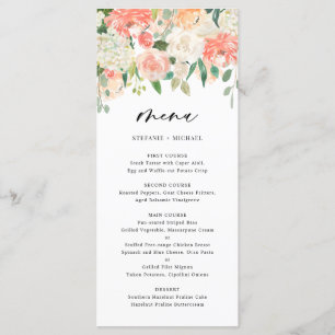 Watercolor Peach and Ivory Flowers Wedding Menu