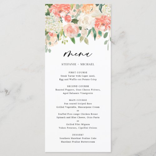 Watercolor Peach and Ivory Flowers Wedding Menu - Add an elegant floral accent to your event tablescape with this customizable floral menu card. It features watercolor floral garland of peach, orange and ivory roses, peonies and hydrangeas with eucalyptus and greenery accents. Personalize this floral menu card by adding your own details. This watercolor menu card is perfect for spring weddings, bridal showers, baby showers and so much more. 
