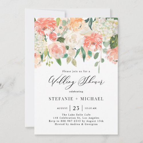 Watercolor Peach and Ivory Flowers Wedding Shower Invitation - Invite guests to your event with this customizable floral wedding shower invitation. it features watercolor floral garland of peach, orange and ivory roses, hydrangeas and peonies with eucalyptus leaves accents. Personalize this watercolor wedding shower invitation by adding your own details. This peaches and cream floral invitation is perfect for spring wedding showers. 

