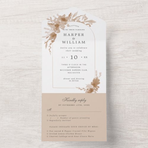 watercolor peach arch rsvp attached wedding all in one invitation