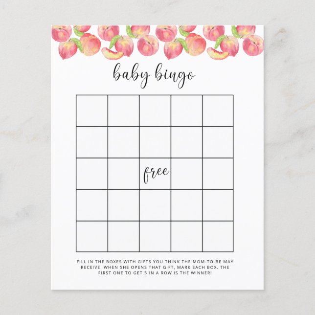 Watercolor peach Baby shower bingo game (Front)