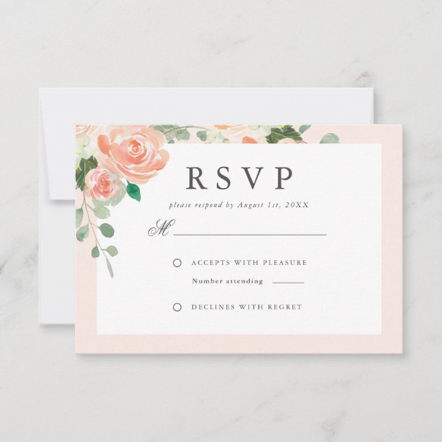 Watercolor Peach & Blush Floral Wedding RSVP Card (Front)