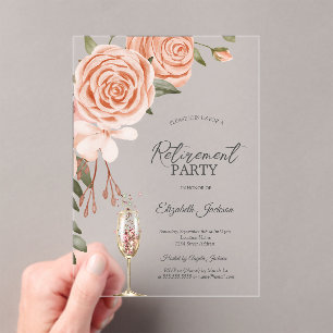 Watercolor Peach Blush Flower Champagne Retirement Acrylic Invitations