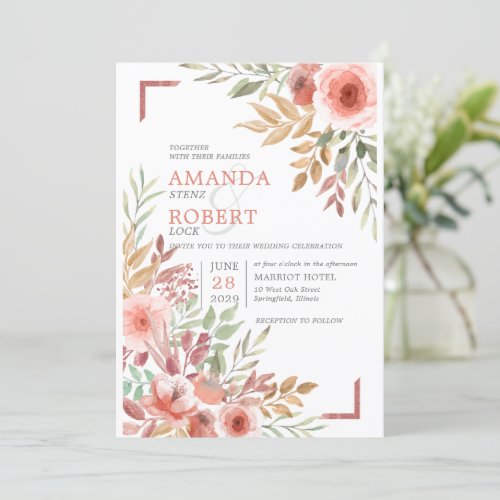 Watercolor Peach Blush Pink Floral Spring Wedding Invitation