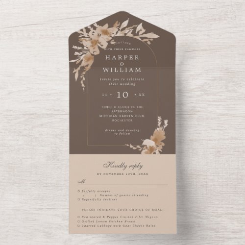 watercolor peach brown arch rsvp attached wedding all in one invitation