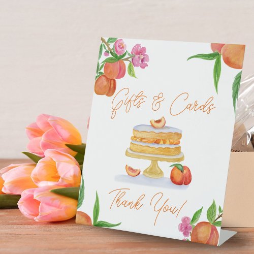 Watercolor Peach Cake Bridal Shower Gifts  Cards Pedestal Sign