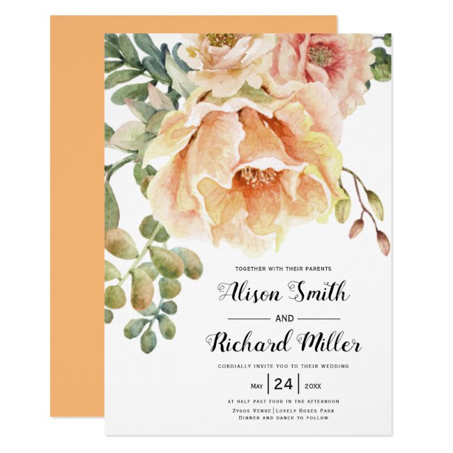 Watercolor peach coral flowers typography wedding invitation