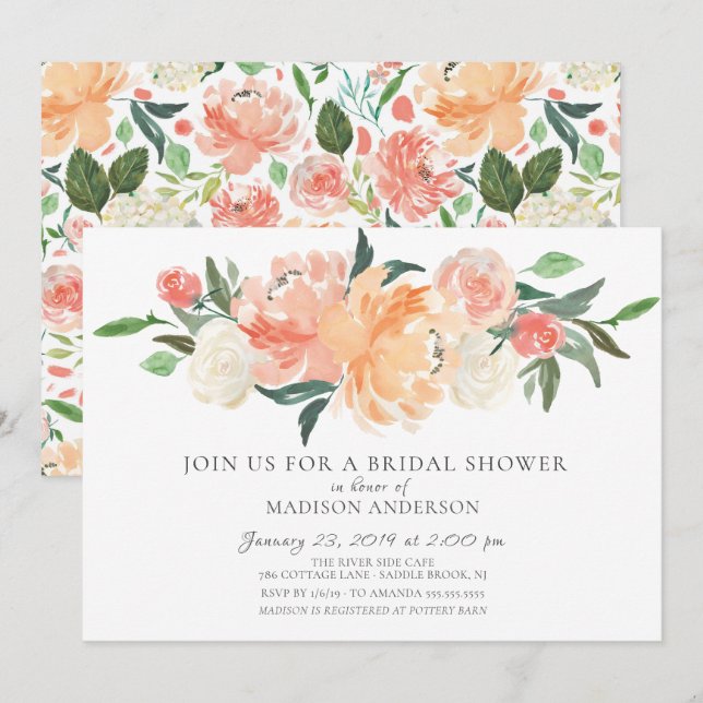 Watercolor Peach & Cream Floral Bridal Shower Invitation (Front/Back)