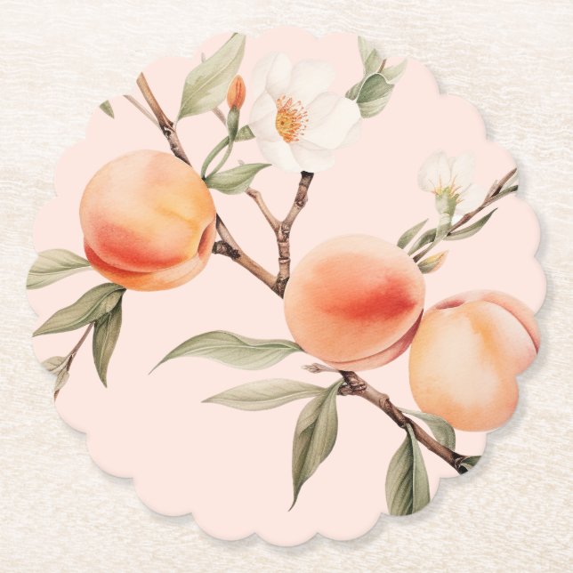 Watercolor peach elegant birthday party paper coaster (Front)