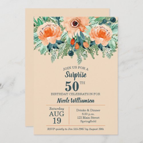 Watercolor Peach Floral 50th Birthday Invitations