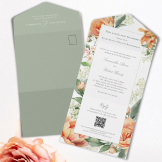 Watercolor Peach Floral All In One Wedding Invitation
