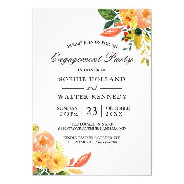 Watercolor Peach Floral Autumn Engagement Party Invitation
