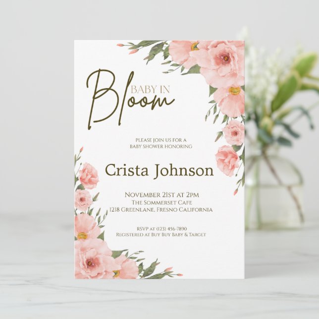 Watercolor Peach Floral Baby Shower Invitation (Standing Front)