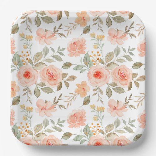 Watercolor Peach Floral Birthday Shower Party Paper Plates