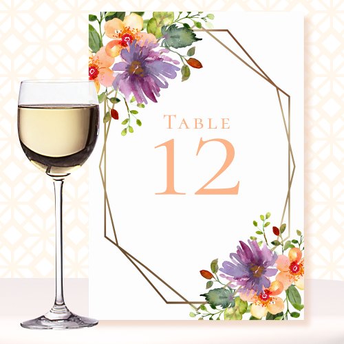Watercolor Peach Floral Bold Modern Wedding Table Number