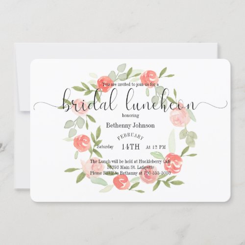 Watercolor Peach floral Bridal Luncheon Invitation