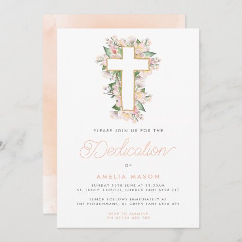 Watercolor Peach Floral Cross Baby Dedication Invitation