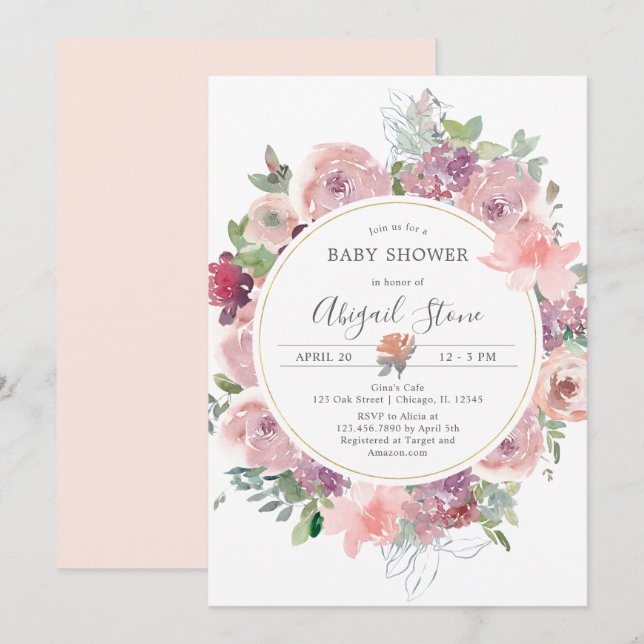 Watercolor peach floral frame baby shower invitation (Front/Back)