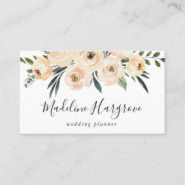 Watercolor Peach Floral & Greenery Business Card (Front)