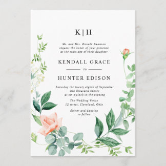 watercolor peach floral greenery wedding invitation