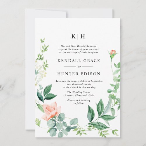 watercolor peach floral greenery wedding invitation