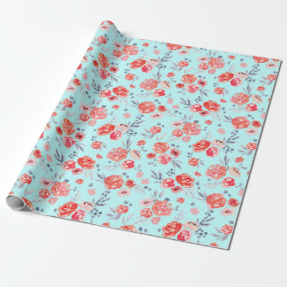 Watercolor Peach Floral in Sky Blue Wrapping Paper