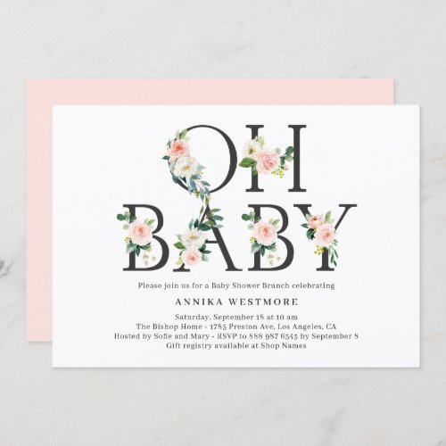 Watercolor Peach Floral Letters Baby Shower Brunch Invitation