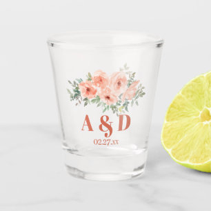 Watercolor Peach Floral Monogram Shot Glass