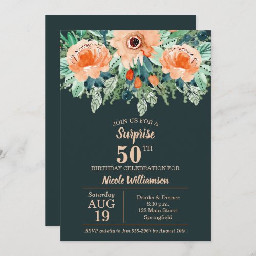 Watercolor Peach Floral on Teal Birthday Invites