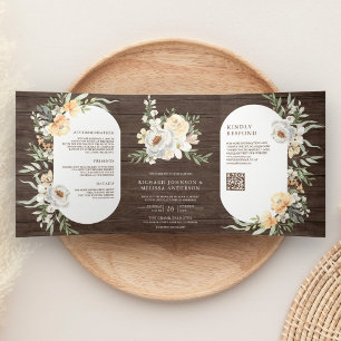 Watercolor Peach Floral QR Code Barn Wood Wedding Tri-Fold Invitation