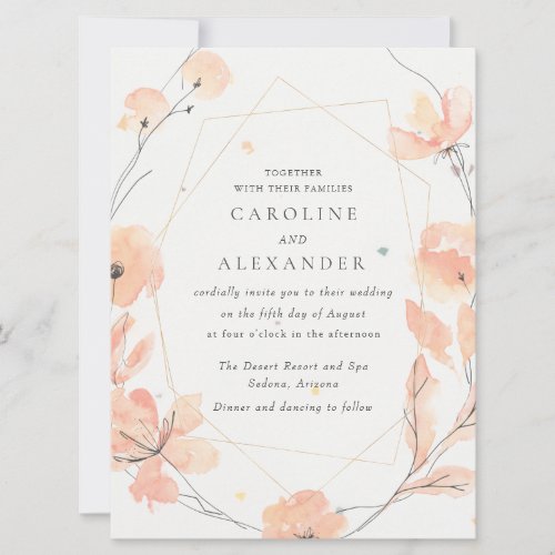 Watercolor Peach Floral Speckletone Wedding Invitation