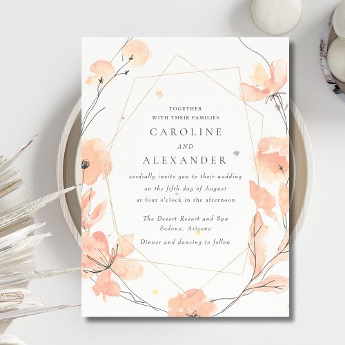 Watercolor Peach Floral Speckletone Wedding Invitation