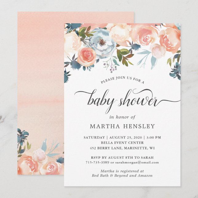 Watercolor Peach Floral Swirl Script Baby Shower Invitation (Front/Back)