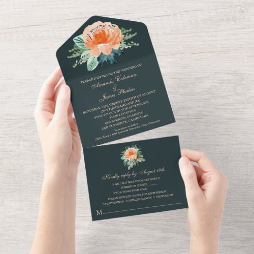 Watercolor Peach Floral Teal Wedding All In One Invitation