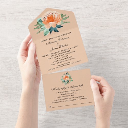 Watercolor Peach Floral Wedding All In One Invitation