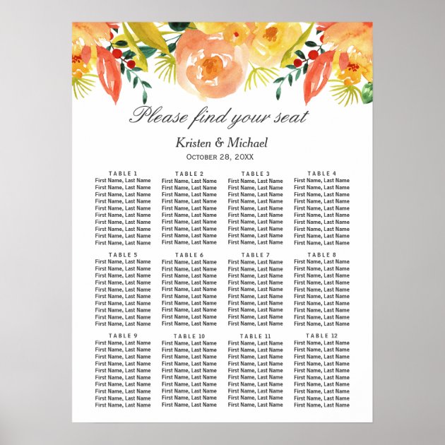 Watercolor Peach Floral Wedding Seating Chart