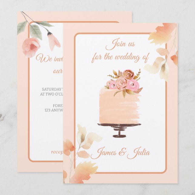 Watercolor Peach Floral Wedding Theme Invitation (Front/Back)